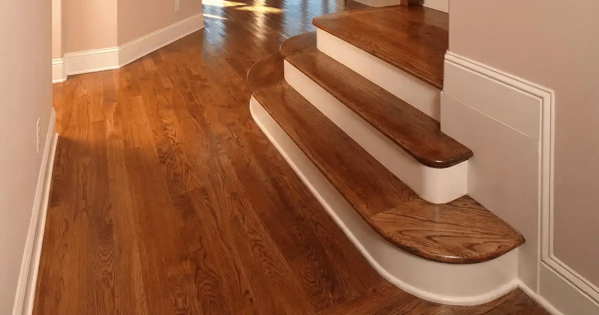Base floor of a staircase with professionally restored wood flooring in Bradenton FL