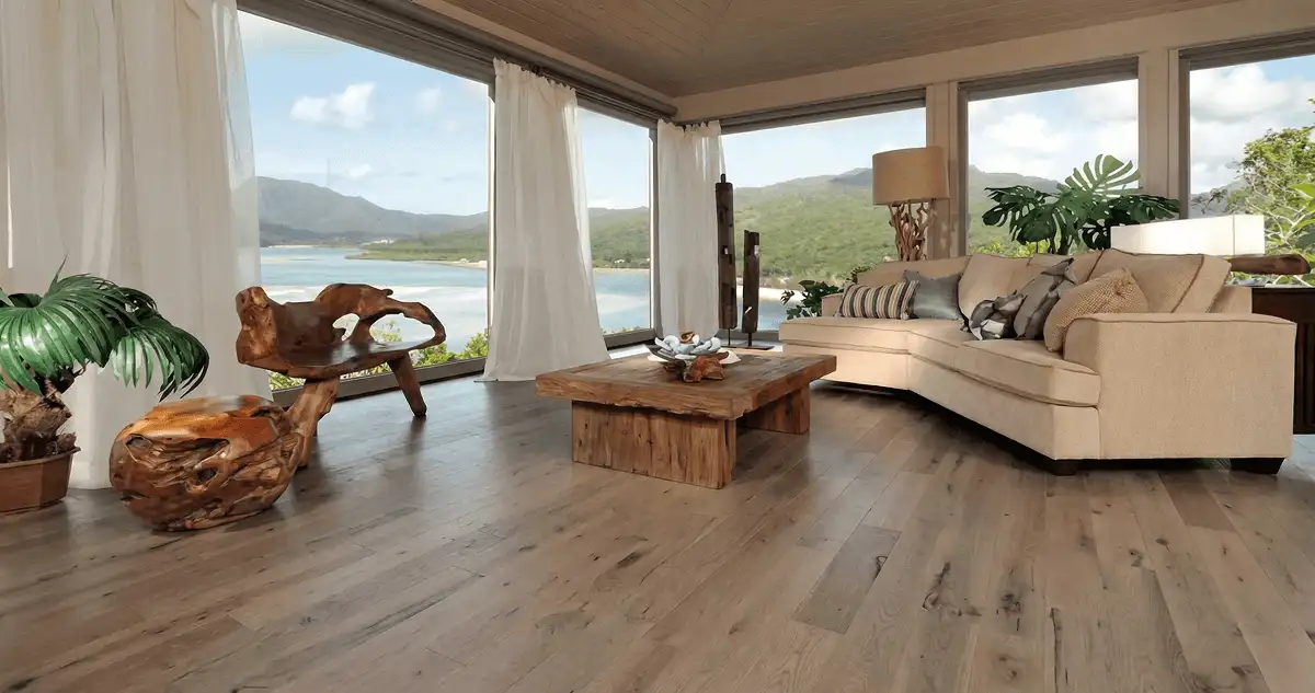 Professionally installed vinyl flooring in a modern living room with large windows in Bradenton, FL